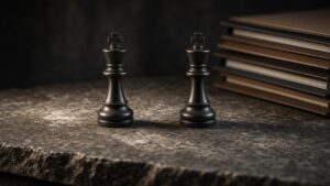 Two chess pieces facing each other beside legal folders representing market competition and antitrust