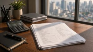 Desk with tax forms, calculator, and pen representing BIR filing and tax administration reform