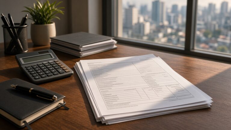 Desk with tax forms, calculator, and pen representing BIR filing and tax administration reform