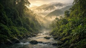 Philippine rainforest river and mountains at dawn representing environmental protection