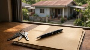 House keys and a property folder on a sunlit table representing residential installment sales