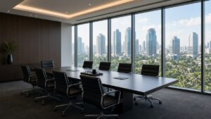 Empty modern boardroom with a city skyline representing a one-person corporation
