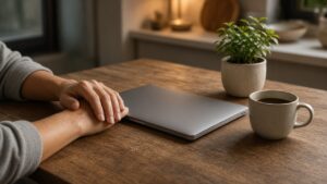 Closed laptop on a kitchen table suggesting careful, protective use of household devices