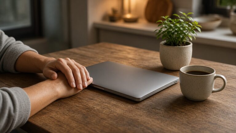 Closed laptop on a kitchen table suggesting careful, protective use of household devices