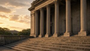 Quiet courthouse steps at golden hour representing protection-order proceedings