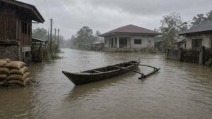Flooded Philippine street during monsoon disaster response